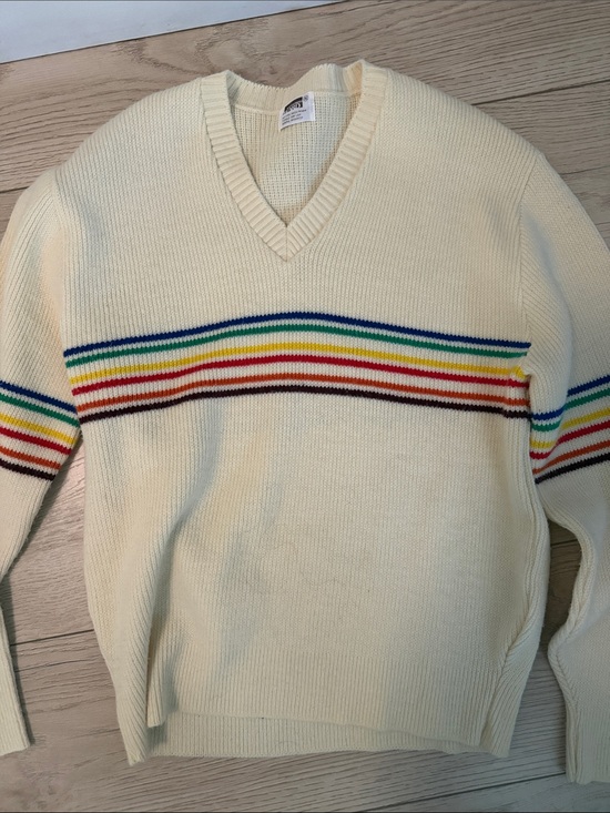 Other - VINTAGE Cream V-Neck Sweater with Rainbow Stripe - Men